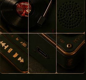 Close-up details of the mini record player