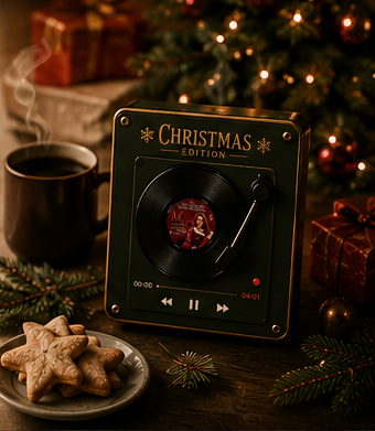 Record player with coffee and Christmas cookies